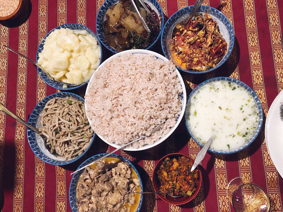 A traditional Bhutanese meal, with ema datshi, or chili cheese